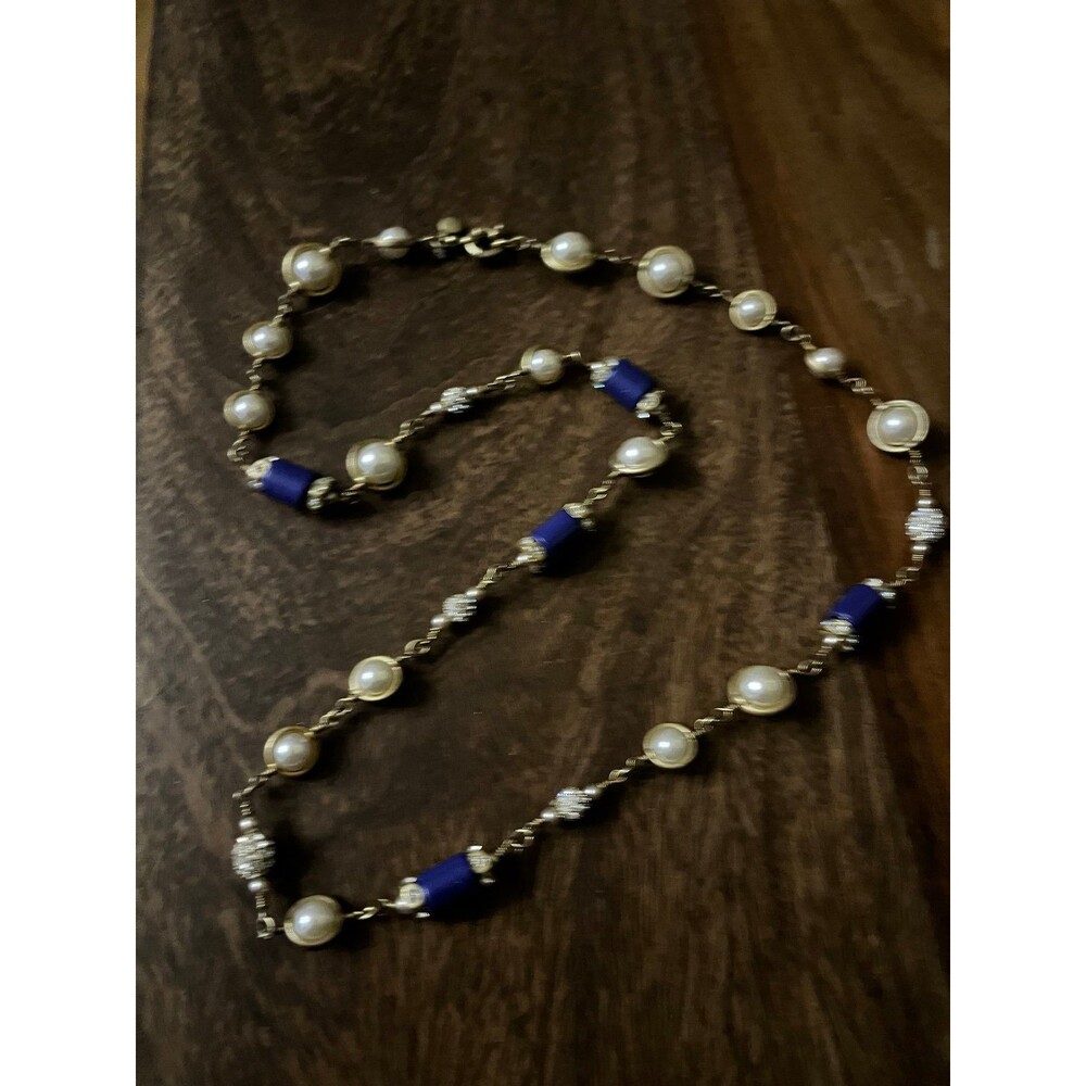 J. Crew Long Gold tone Pearl bead & Blue Necklace to layer Deco Style Flapper